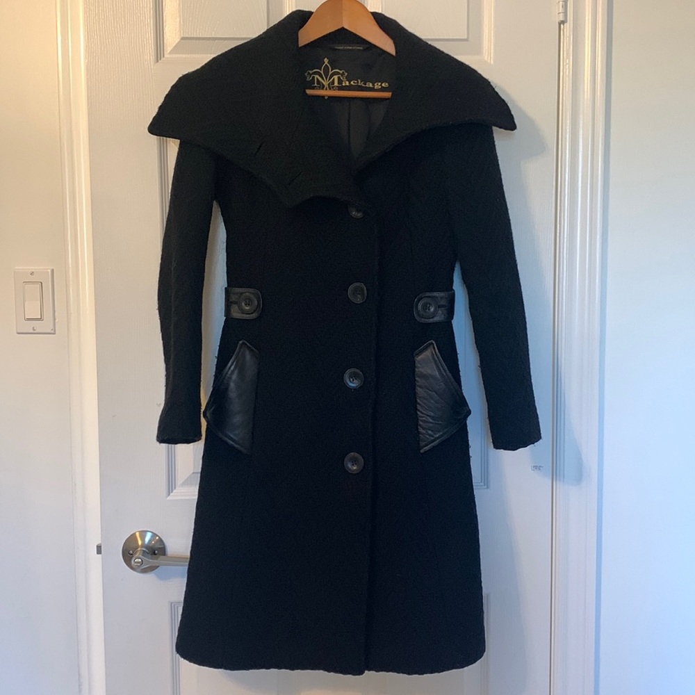 Mackage black wool jacket with leather detail in XS.